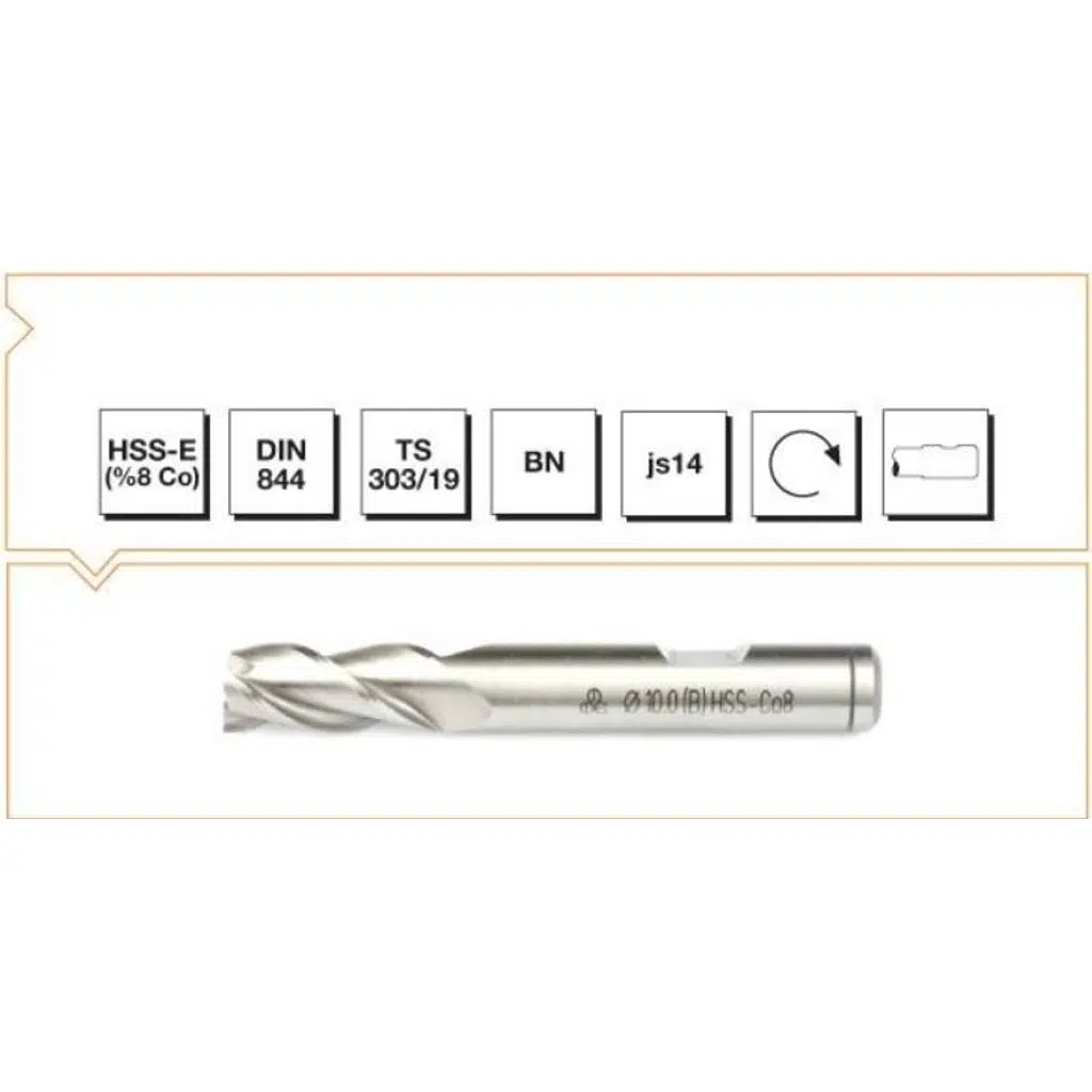 Makina Takım HSS - E (%8Co) DIN 844 BN Silindirik Saplı Parmak Freze - KISA 25 MM
